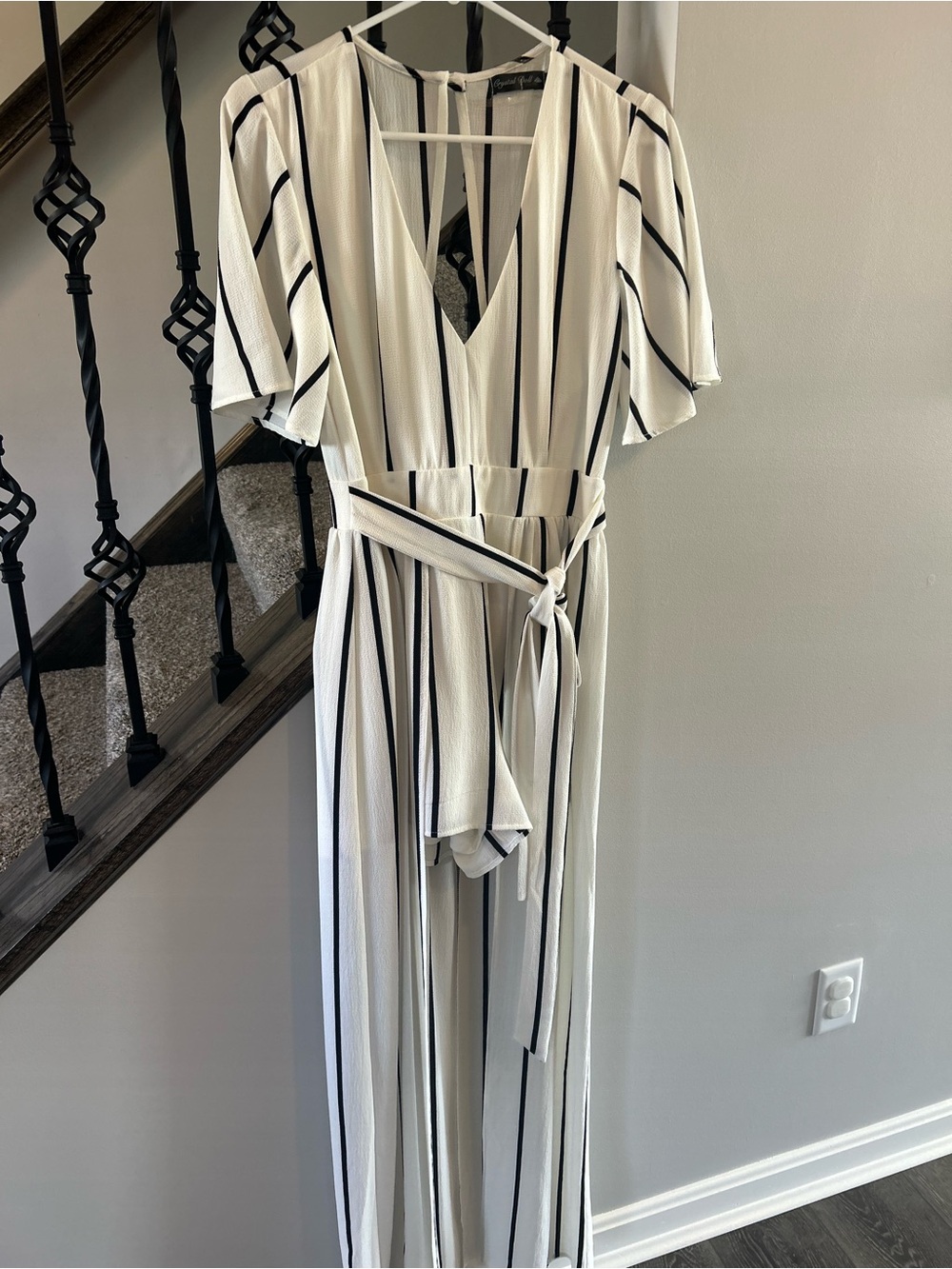 Crystal Doll White Jumpsuit with Black Vertical Stripes and Tie Waist